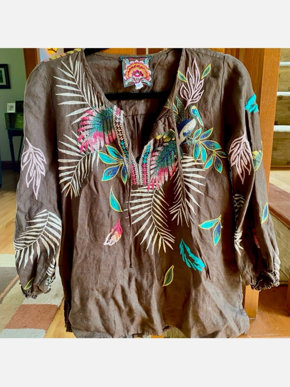 Johnny Was Kaluhi Split Neckline Embroidery Brown Linen  Blouse